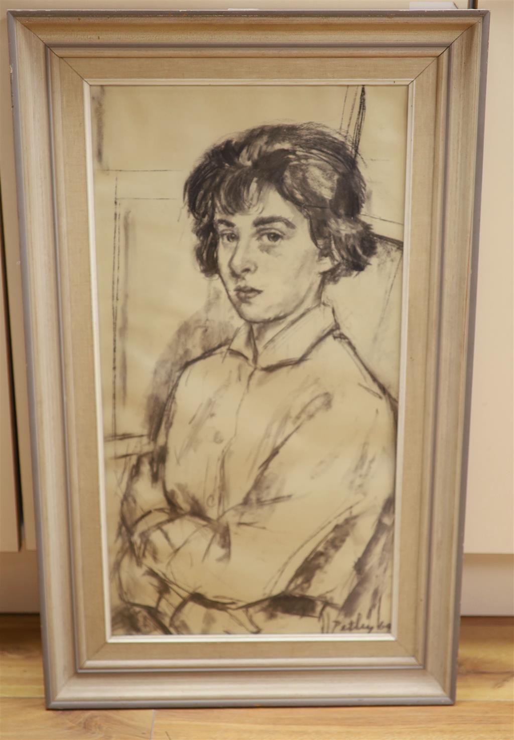 Llewellyn Petley Jones (1908-1986), charcoal drawing, Portrait of Miss Nicola Taylor, signed and dated 69, 64 x 33cm